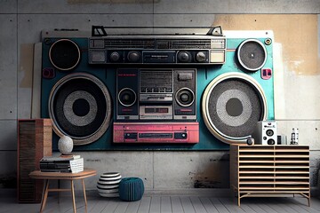 Design That Is From The Past Background Of Front Concrete Wall With Ghetto Blaster Boombox Stereo Radio Cassette Tape Recorders Tower From The 1980S. Filtered Picture With A Retro Feel. Generative AI