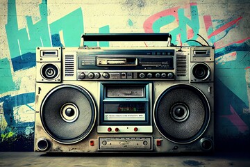 Design That Is From The Past Background Of Front Concrete Wall With Ghetto Blaster Boombox Stereo Radio Cassette Tape Recorders Tower From The 1980S. Filtered Picture With A Retro Feel. Generative AI