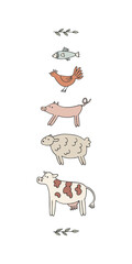 Colored set of cute farm animals with leaves. Hand drawn linear illustration. Vector