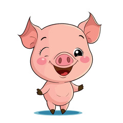 Little pink and cheerful pig. Little baby pig. A friendly little pig with big dark eyes. Nice character graphics made in vector graphics. Illustration for a child.
