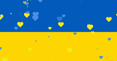 Image of blue and yellow hearts floating over flag of ukraine