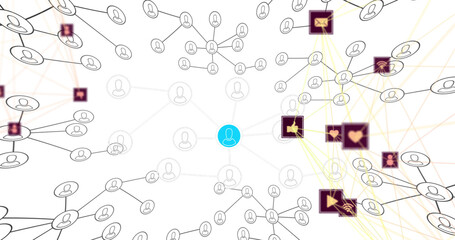 Image of network of connections with people icons over white background