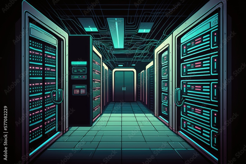 Poster perspective of a data center server room . generative ai