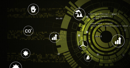 Image of data processing and digital icons over scope spinning