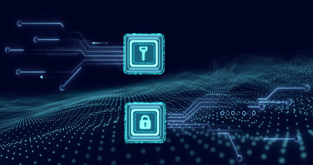 Image of data processing with online security key over computer circuit board