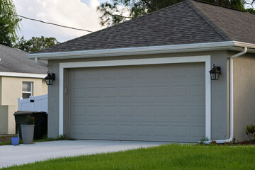 Wide garage double door and concrete driveway of new modern american house