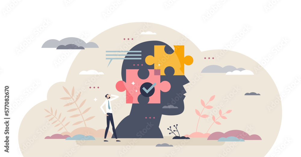 Poster decision mind puzzle and problem solving in head or brain tiny person concept, transparent backgroun