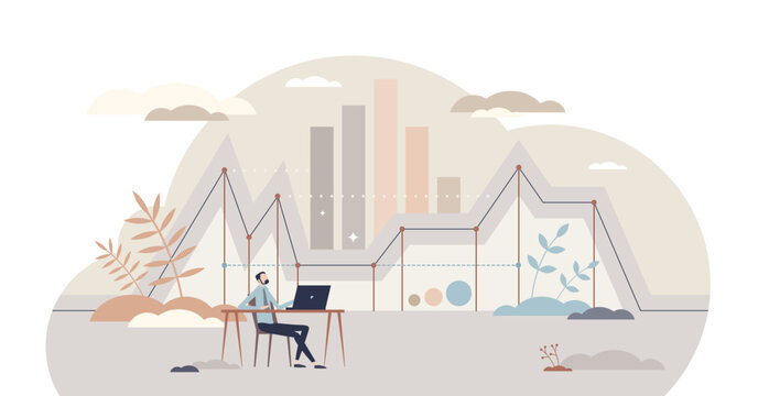 Data analysis and information research with stock diagram tiny person concept, transparent background. Business review, optimization or monitoring using statistics info and reports illustration.