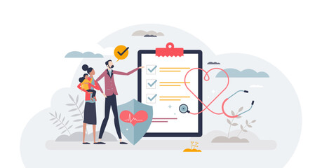 Health insurance and patient disease financial coverage tiny person concept, transparent background. Medical expenses security with life assurance agreement illustration.