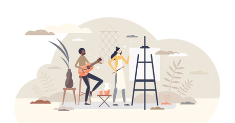 Hobbies activity or artist creative skills and music talent tiny persons concept, transparent background. Quality leisure and relaxation craft time for personal development.