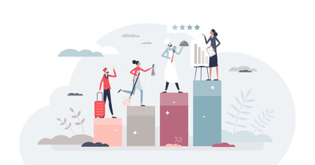 Hospitality management course with hotel staff education tiny person concept, transparent background. Cooking, lobby workers, administration and cleaning academy.