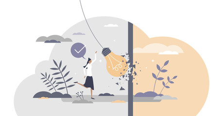 Idea breakthrough power and successful problem overcome tiny mini person, transparent background. Discover great solution with innovation and creative thinking illustration.