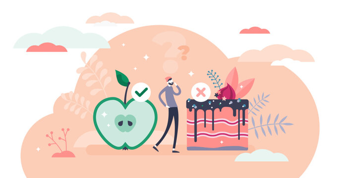 Healthy choices concept, flat tiny person illustration, transparent background. Goals and plan for fit body and rich nutrition power. Daily food challenge avoiding tempting sweets and fast food.