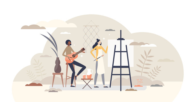 Hobbies activity or artist creative skills and music talent tiny persons concept, transparent background. Quality leisure and relaxation craft time for personal development.
