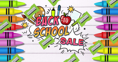 Image of back to school text over school items icons