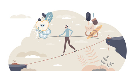 Nutrition balance and eating harmony with healthy diet tiny person concept, transparent background. Compare weight loss with vegetables vs junk food and obesity illustration.