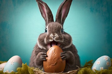 un lapin de Pâques est en train de manger un oeuf en chocolat - generative ai