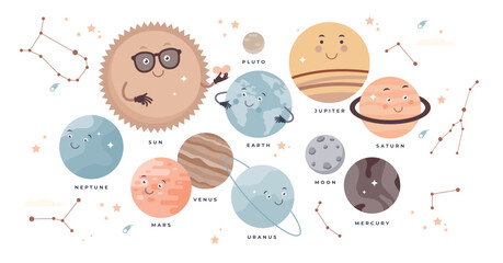 Planets set with cosmos stars, moons and solar system tiny person collection, transparent background. Cute satellite sky objects with sun, neptune, mars, venus and saturn animated globes illustration. © VectorMine