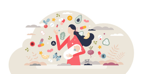 Prenatal vitamins and healthy products eating after birth tiny person concept, transparent background. Multivitamin intake with fruits, vegetables and pills for newborn infant illustration.