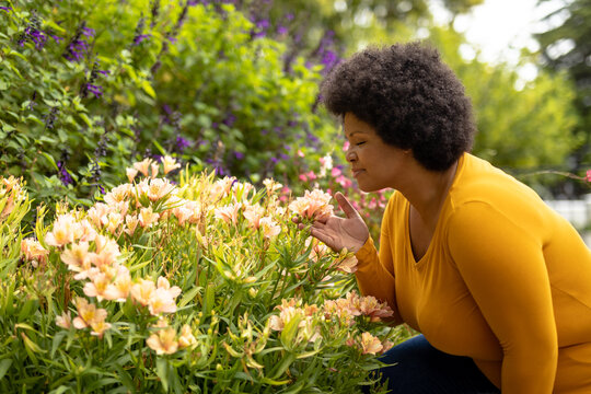 Side view african american mid adult woman smelling flowers in garden