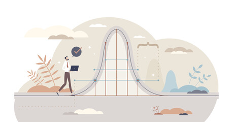 Statistics data measurement with results curved line tiny person concept, transparent background. Scientific or mathematical information outcome collecting.