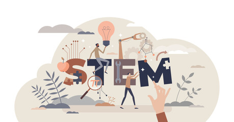 STEM study fields with science, engineering, technologies and mathematics learning tiny person concept, transparent background. Education skill set as school.