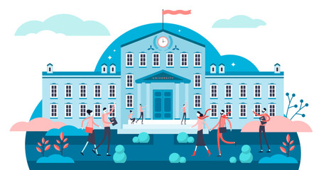 University illustration, transparent background. Flat tiny academical building persons concept. Daily everyday school scene with students, books and knowledge mood. Outside building exterior.