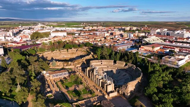 aerial view of old Roman Theatre of Merida spanish cultural icon landmark in Spain
