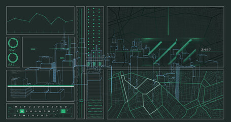 Image of data processing and city on black background