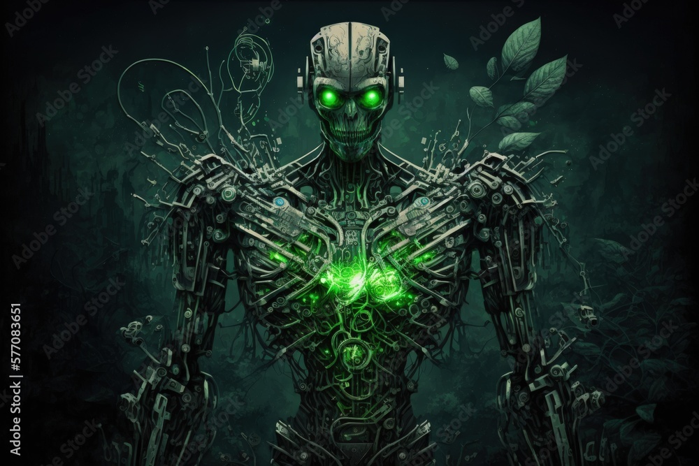 Aufkleber illustration of a dark green humanoid alien robot with a digital circuit board as a background, repr