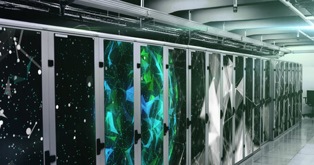 Image of data processing and shapes over server room