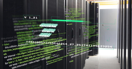 Image of data processing and keyboard over server room