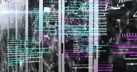 Image of data processing and shapes over server room