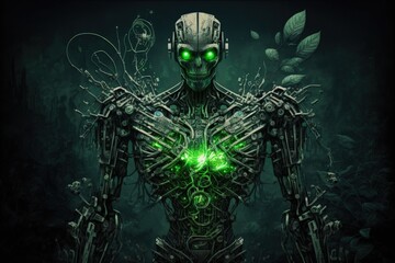 Illustration of a dark green humanoid alien robot with a digital circuit board as a background, representing artificial intelligence in the form of a zombie cyborg. Generative AI