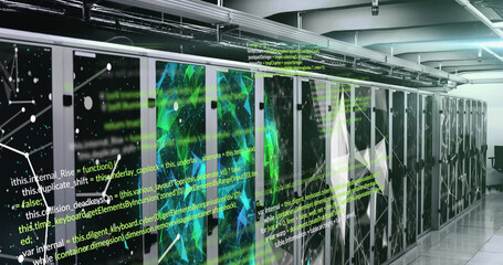 Image of data processing and shapes over server room