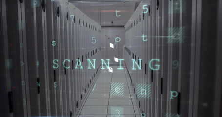 Image of data processing and keyboard over server room