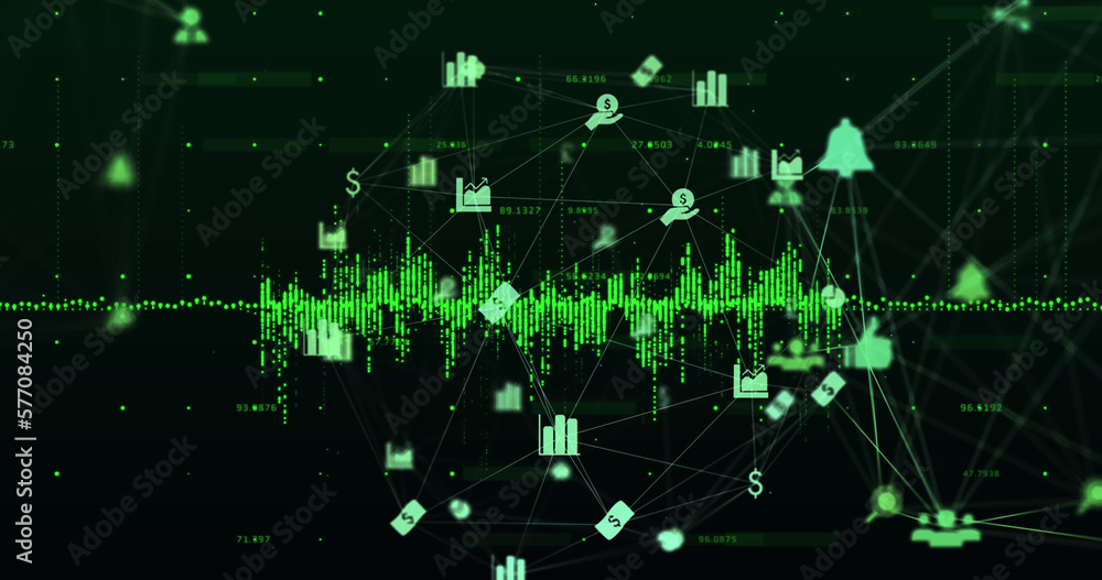 Poster image of globe with network of connections with icons on black background