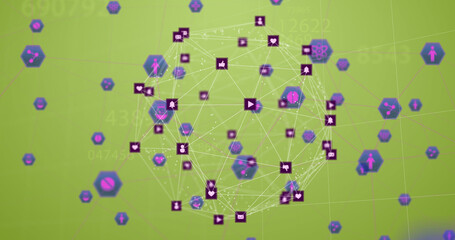 Image of globe of network of connections with icons and numbers