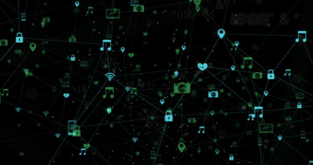 Image of globe of network of connections with icons and symbols