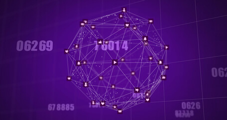 Image of globe of network of connections with icons and numbers