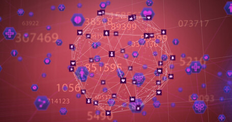 Image of network of connections with icons and numbers on red background
