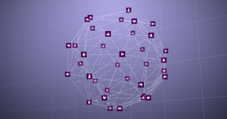 Obraz premium Image of network of connections with icons and numbers on violet background