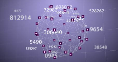 Image of network of connections with icons and numbers on violet background