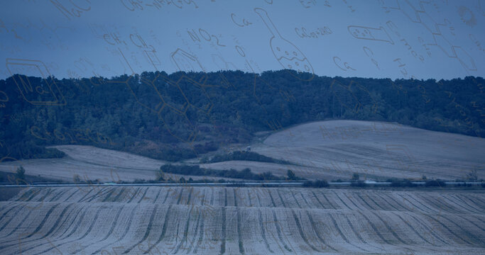 Image of mathematical equations over landscape - Powered by Adobe