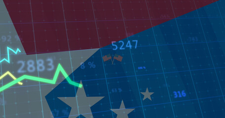 Image of statistics processing over top hats flag of united states of america