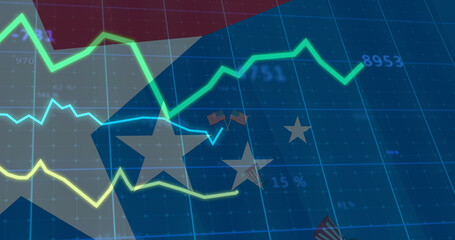 Image of statistics processing over top hats flag of united states of america