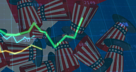 Image of statistics processing over top hats flag of united states of america
