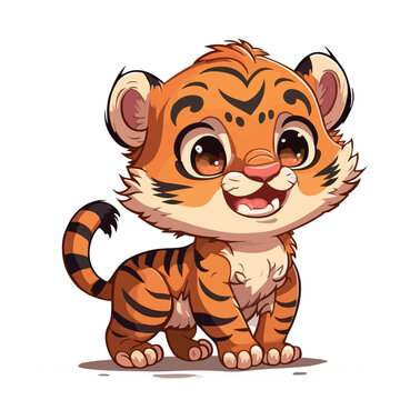 Little cute tiger. Little baby tiger. A friendly little tiger with big eyes. Nice character graphics made in vector graphics. Illustration for a child.