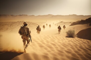 Soldiers squad with fully equipped and armed in a military operation in the scorching desert, generative AI