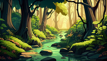 Cartoon Illustration a dense forest with a stream, generative Ai - 577085241